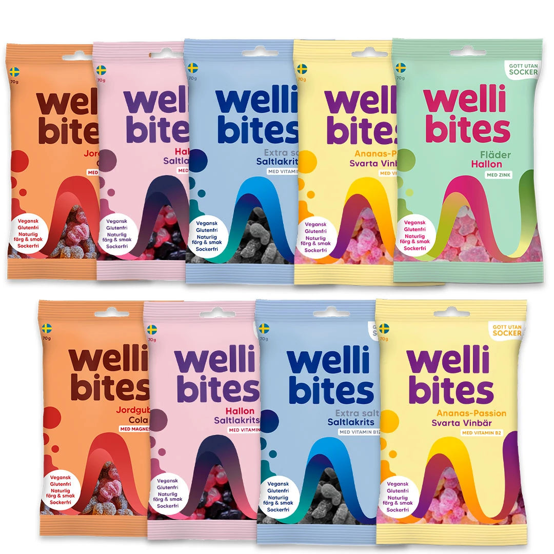9 x Wellibites Candy 70 g i färgglada godispåsar för olika smaker som Jordgubb Cola och Extra Saltlakrits.