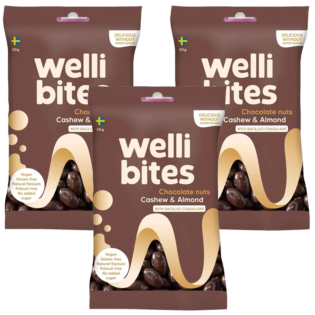 3 x Wellibites Candy 50 g Chocolate Nuts Cashew & Almond i tre bruna påsar med veganskt godis.