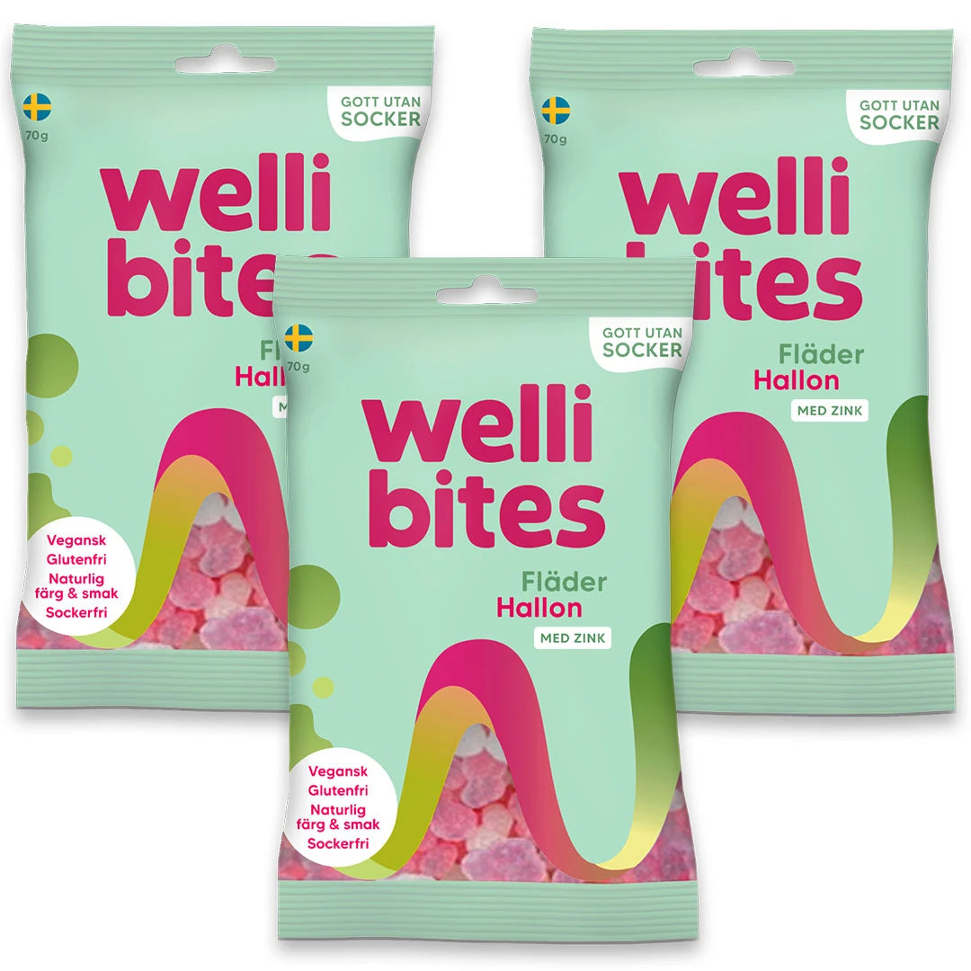 3 x Wellibites Candy 70 g i gröna påsar med färgglada detaljer för smaken Fläder & Hallon.