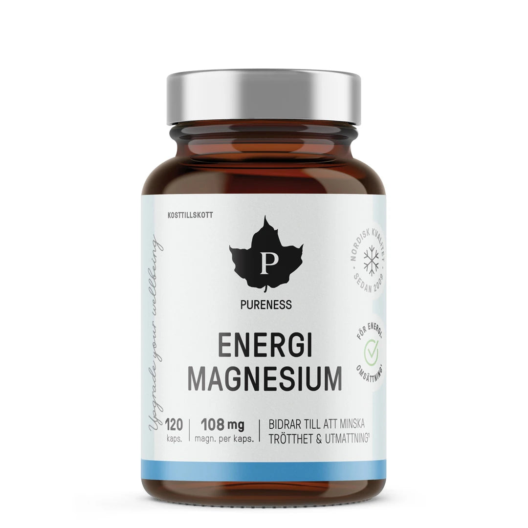 Pureness Energimagnesium 120 caps i en mörk glasburk med vit etikett och silvrigt lock för ökad energiomsättning.