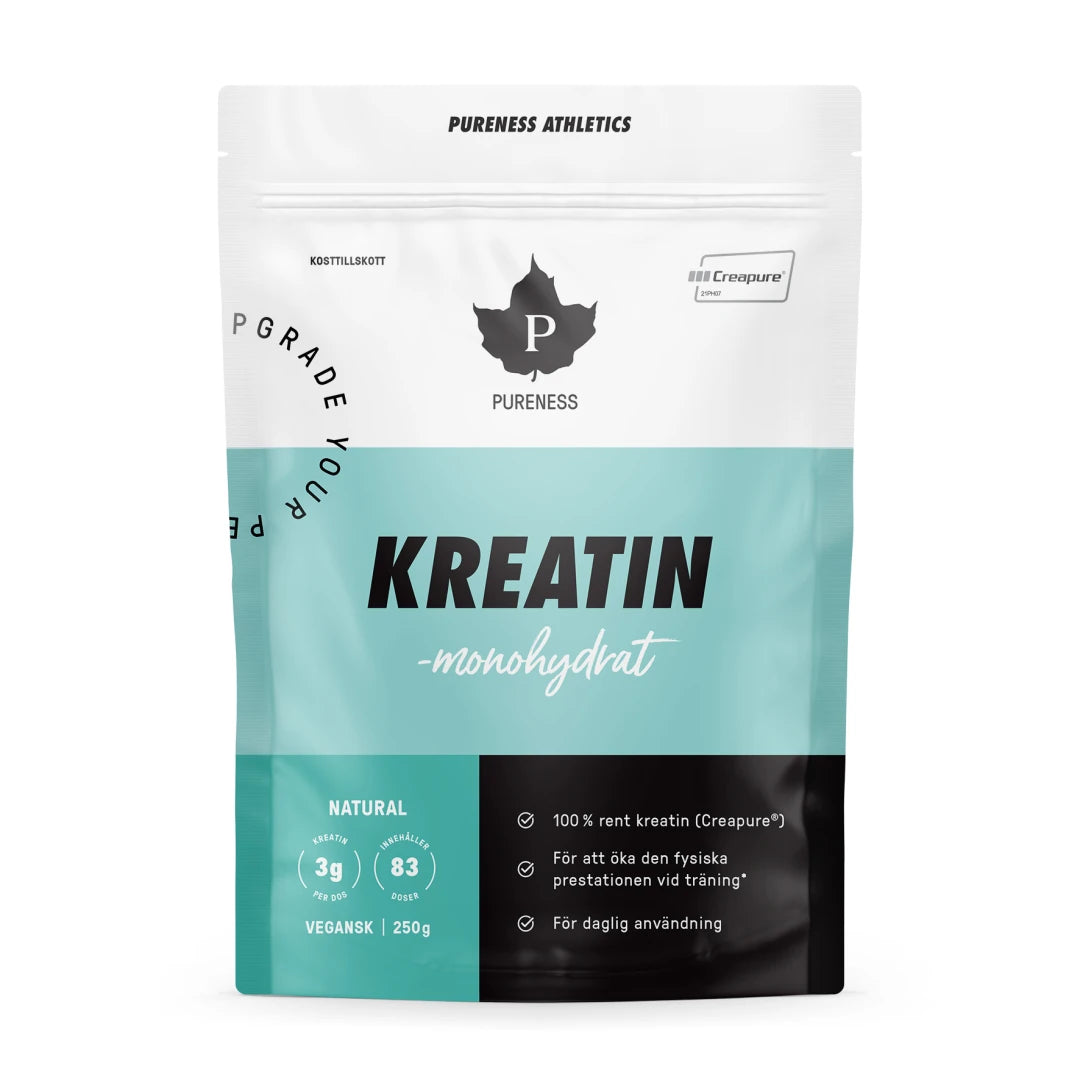 Pureness Kreatin Creapure 250 g i en vit och ljusblå påse med mörkblå detaljer.