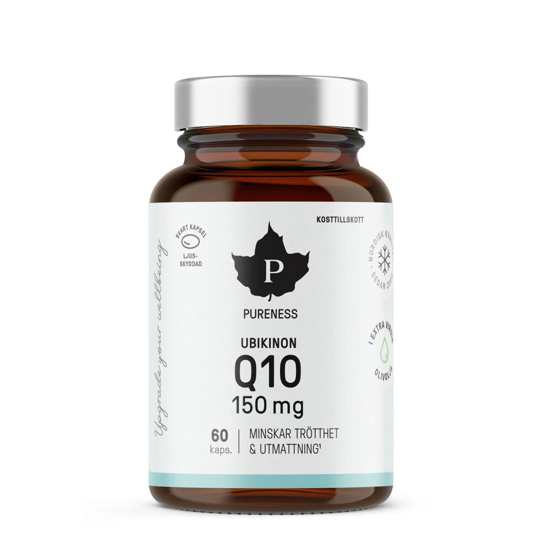 Pureness Q10 Ubikinon 150 mg 60 caps kosttillskott i en brun glasburk med vit etikett och silverfärgat lock.