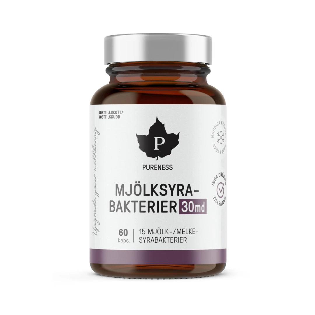Pureness Mjölksyrabakterier 30 md 60 caps i en brun glasburk med vit etikett och silverlock.