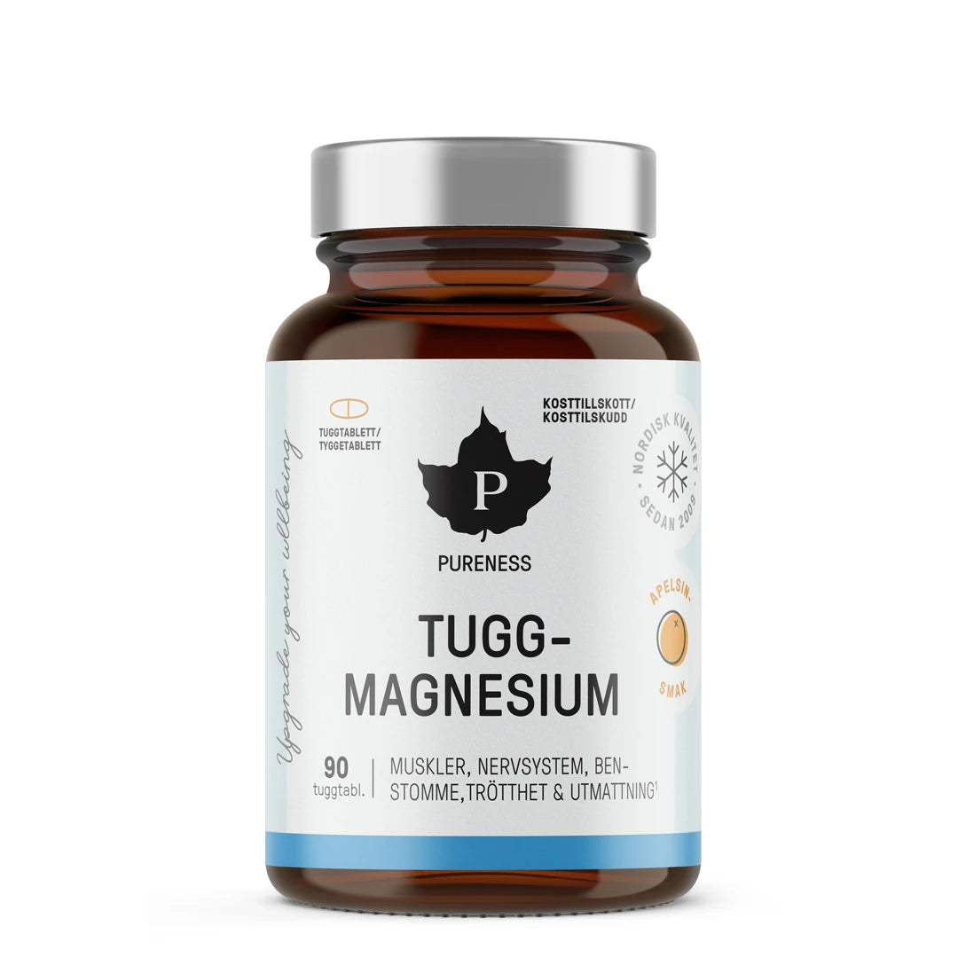 Pureness Tuggmagnesium 90 tabs med smak av apelsin i en mörkbrun burk med vit och ljusblå etikett samt silverfärgat lock.