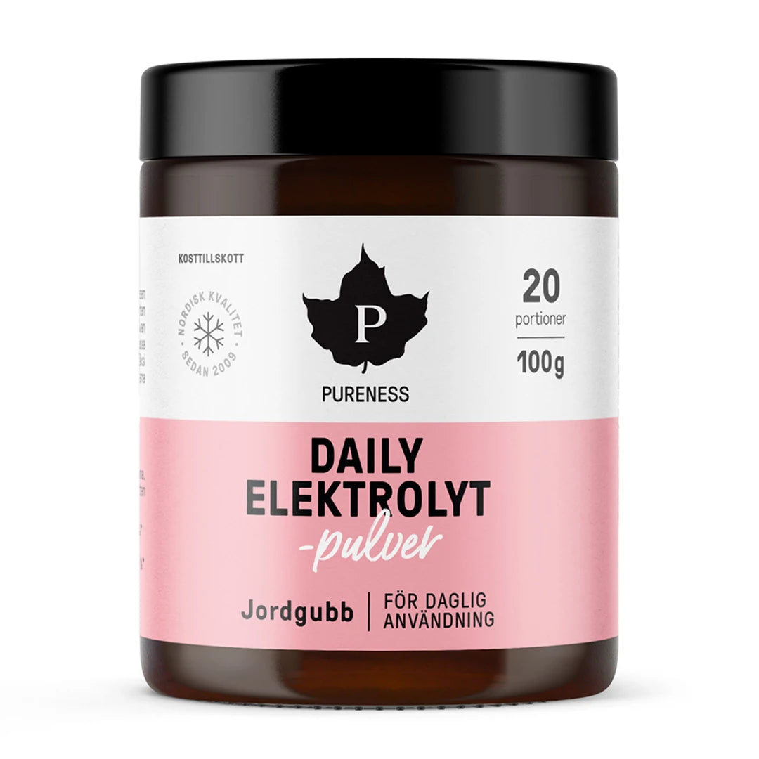 Pureness Daily Elektrolytpulver 100 g i en mörk burk med rosa och vit etikett för smaken Jordgubb.