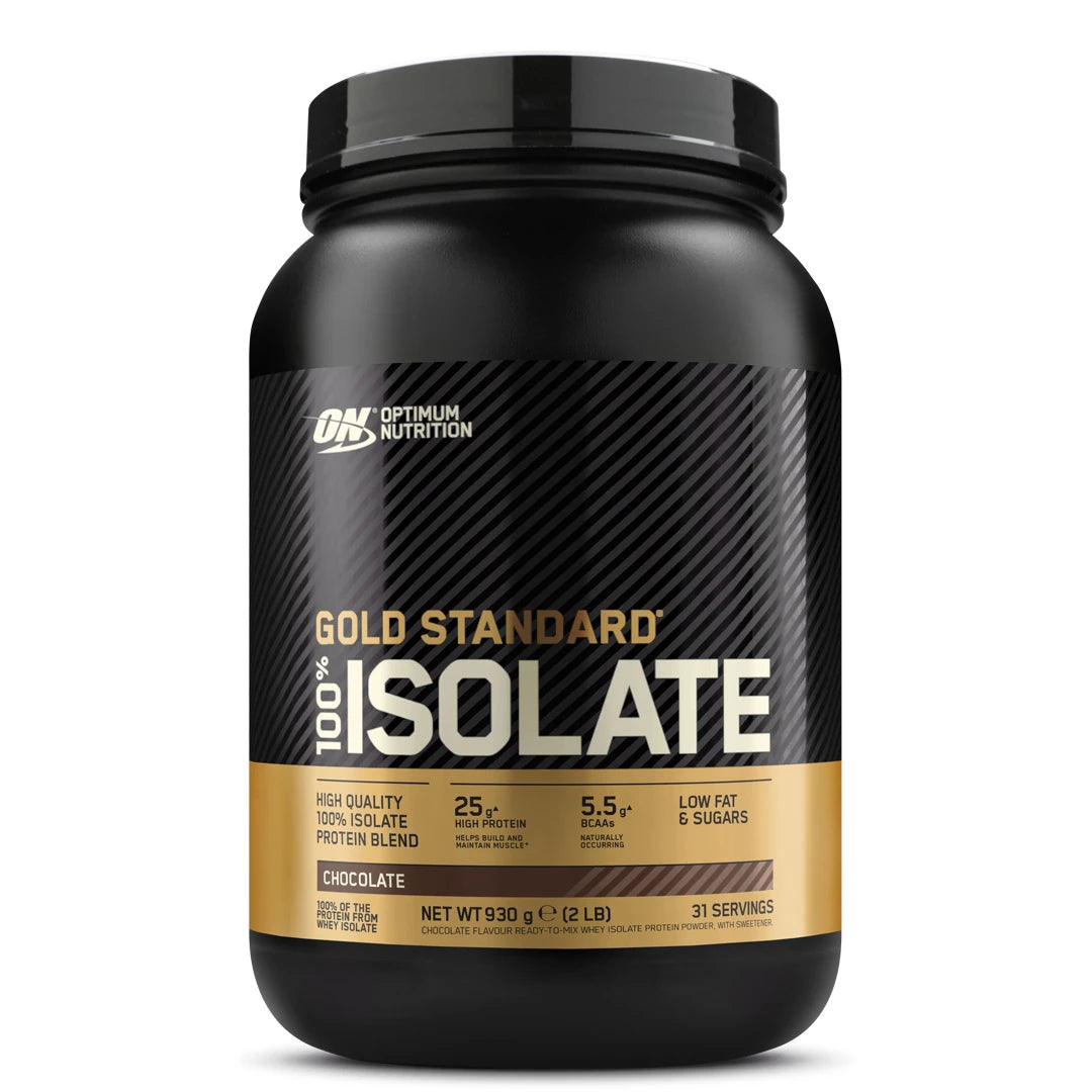 Optimum Nutrition 100% Gold Standard Isolate 930 g proteinpulver i en svart burk med gulddetaljer och smaken Chocolate.