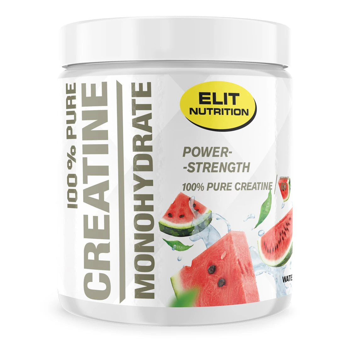Elit Nutrition 100% Pure Creatine Monohydrate 300 g i en vit burk med vattenmelon på etiketten för smaken Watermelon.