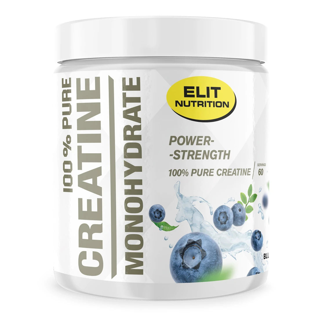 Elit Nutrition 100% Pure Creatine Monohydrate 300 g kreatinpulver i en vit burk med blåbär som indikerar smaken Blueberry.