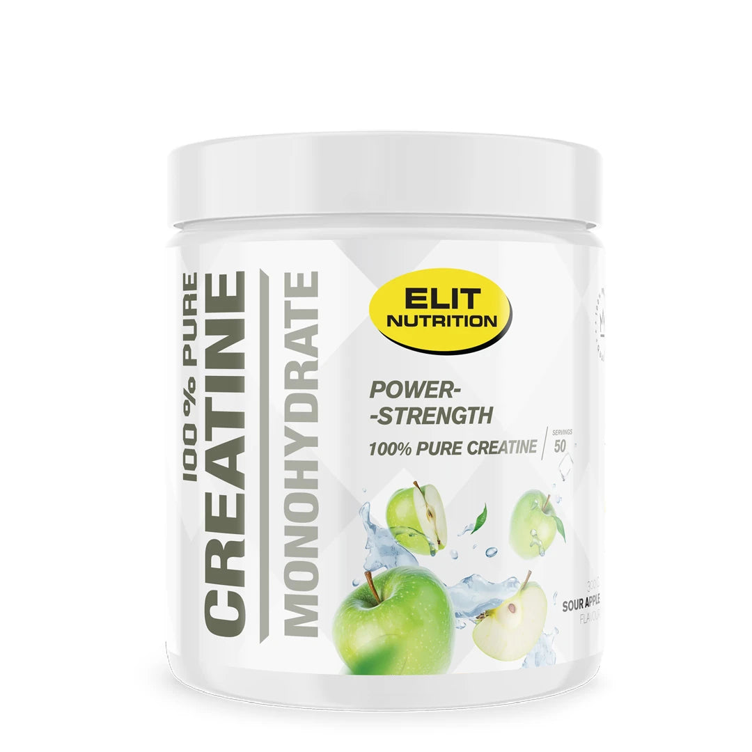 Elit Nutrition 100% Pure Creatine Monohydrate 300 g kreatinpulver i en vit burk med smaken Sour Apple.