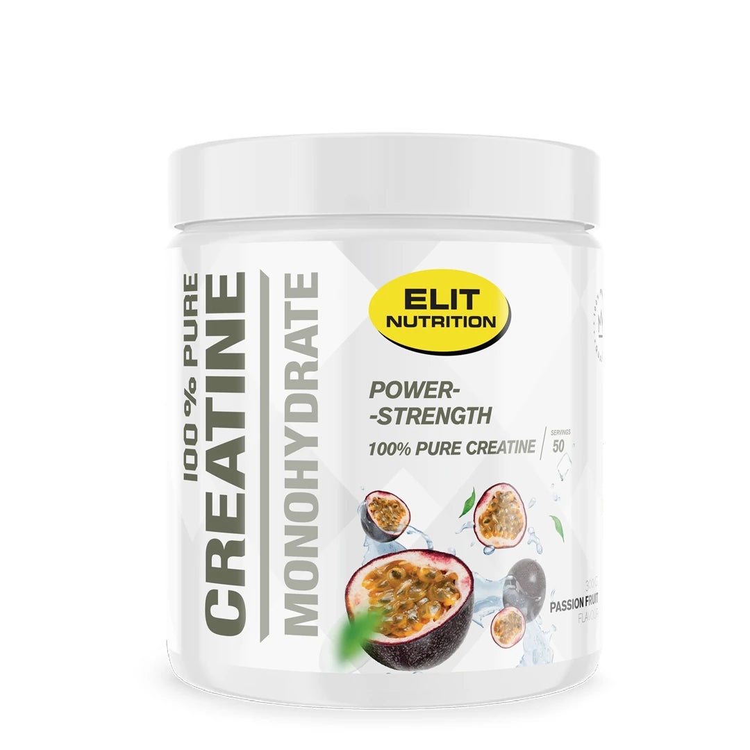 Elit Nutrition 100% Pure Creatine Monohydrate 300 g kreatinpulver, vit burk med passionsfrukt för smaken Passion.
