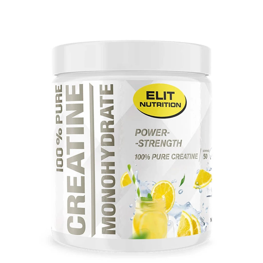 Elit Nutrition 100% Pure Creatine Monohydrate 300 g i en vit burk med citroner som visar smaken Lemonade.