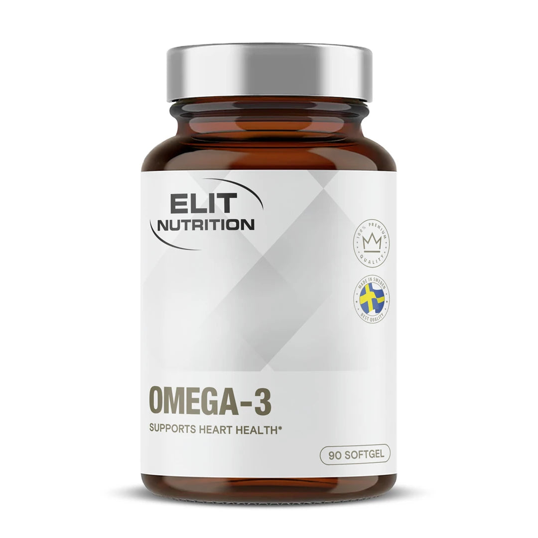 Elit Nutrition Omega-3 90 softgel förpackad i en mörkbrun burk med vit etikett och silverlock.