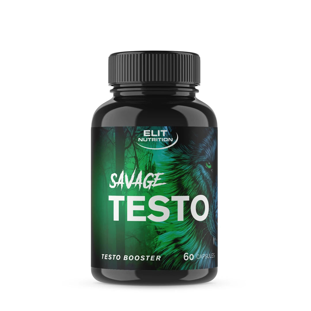 Elit Nutrition Savage TESTO Testosteronhöjare 60 caps i en svart burk med grön etikett och djurmotiv.