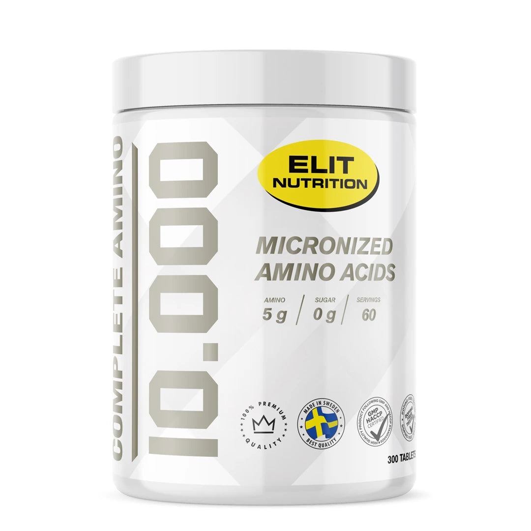 Elit Nutrition Complete Amino 10.000 300 tabs i en vit burk med gula och svarta detaljer.
