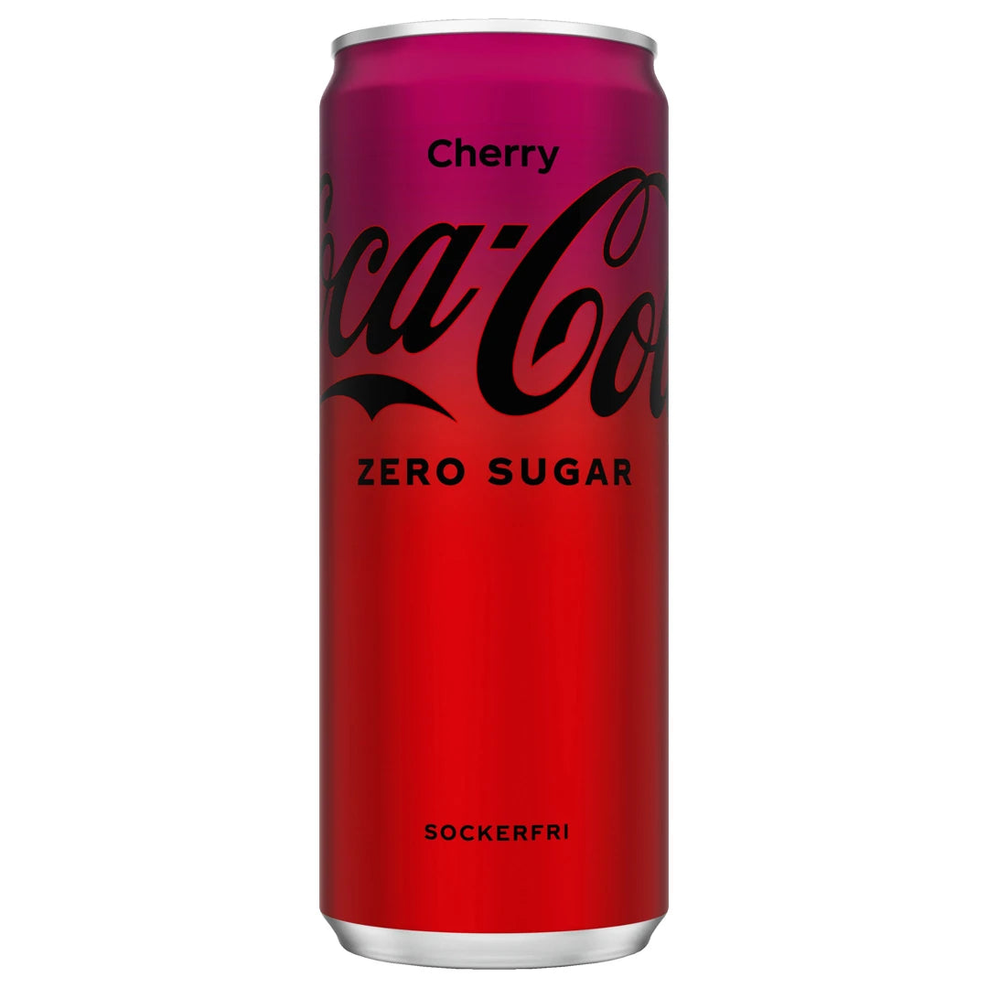 Coca-Cola Zero 330 ml i en röd och mörkrosa burk med Cherry-smak.