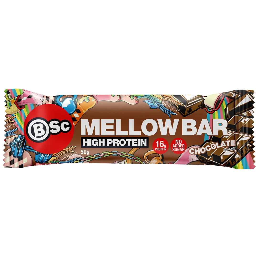 BSc Mellow Bar 50 g proteinbar i en brun förpackning med färgstarka illustrationer för smaken Chocolate.