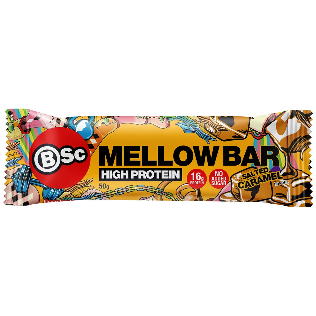 BSc Mellow Bar 50 g proteinbar i ett orange omslag med färgglada detaljer för smaken Salted Caramel., bild 3 av 4