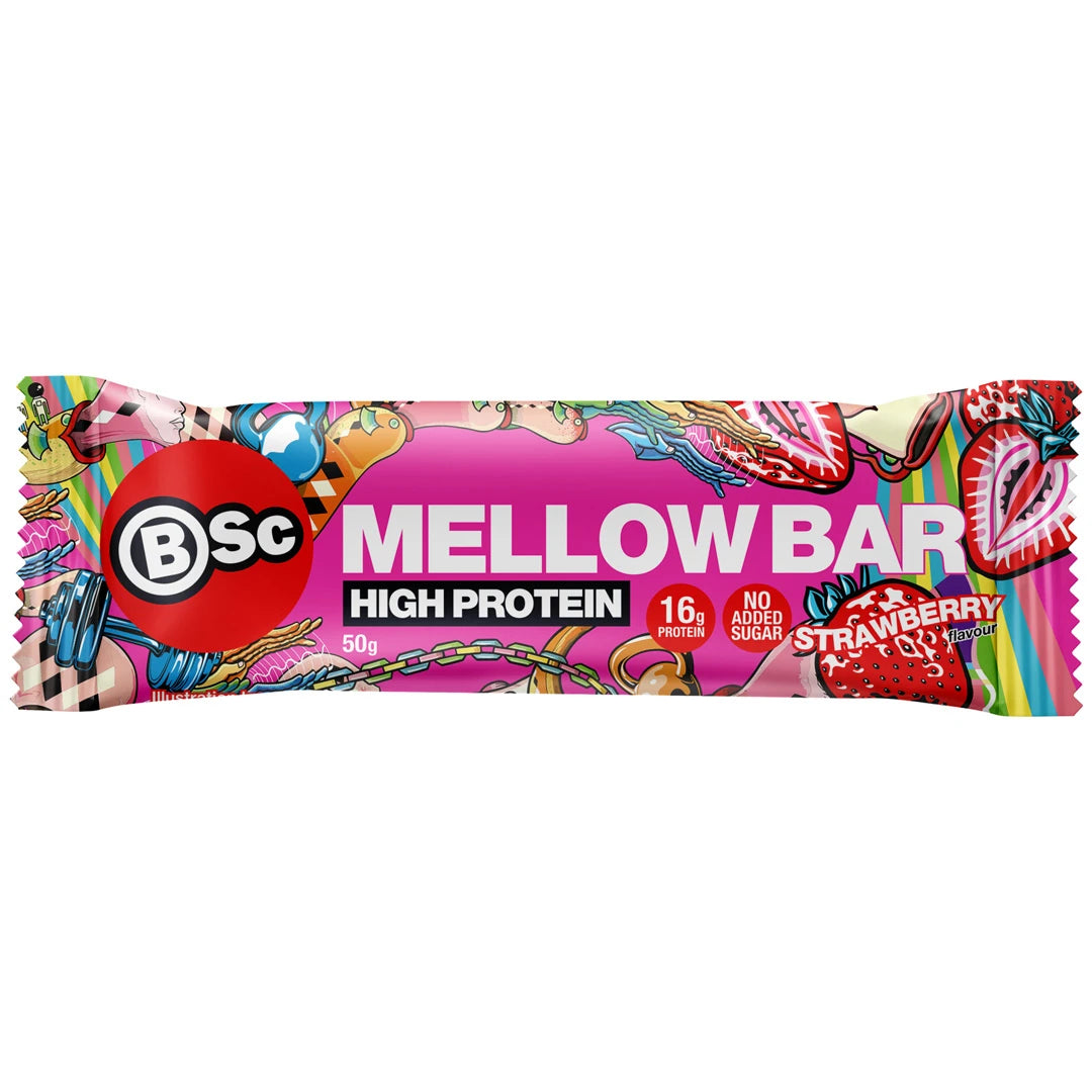 BSc Mellow Bar 50 g proteinbar i en färgglad rosa förpackning med jordgubbsmotiv för smaken Strawberry.