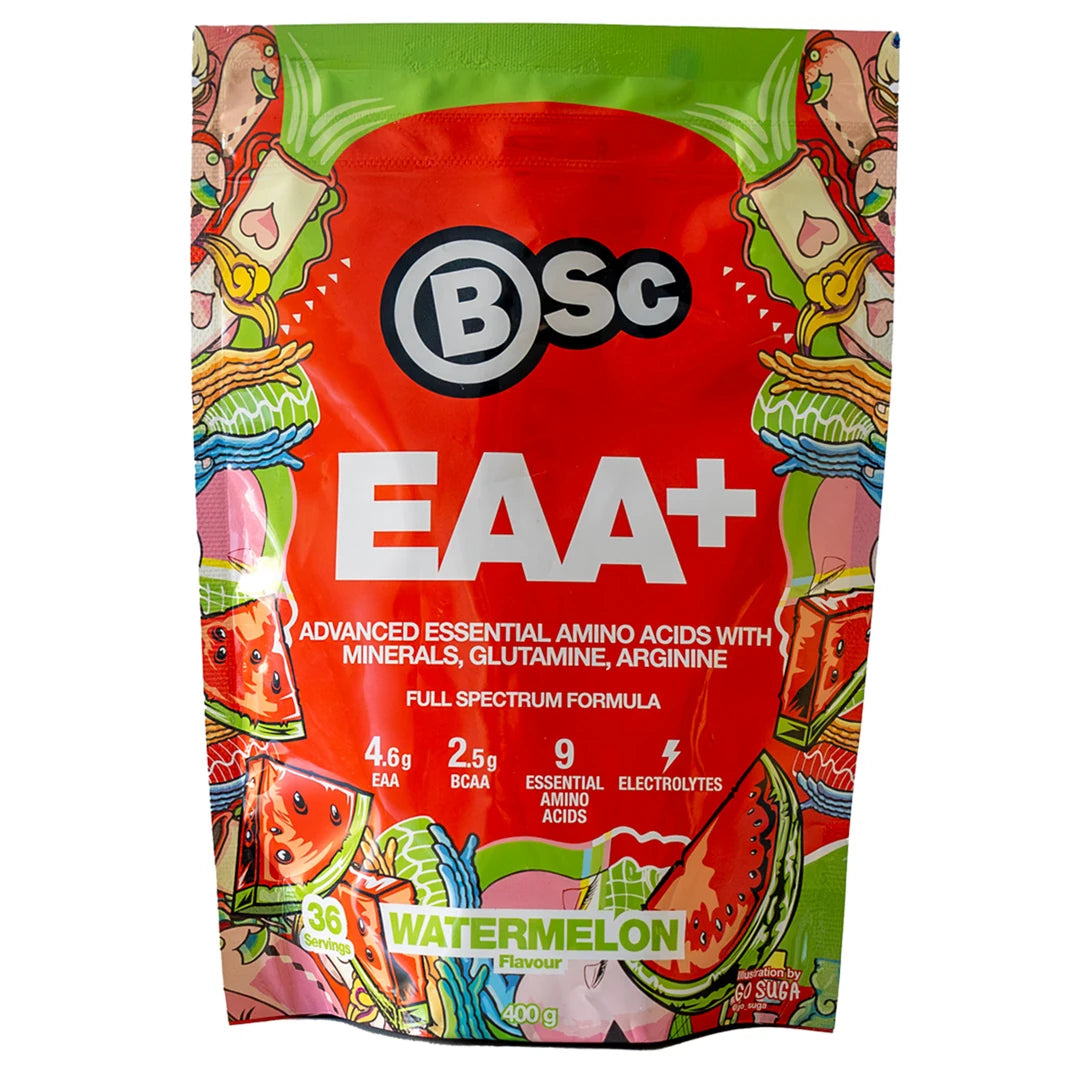 BSc EAA 400 g kosttillskott i pulverform, förpackad i en röd påse med illustrationer av vattenmelon och gröna detaljer.