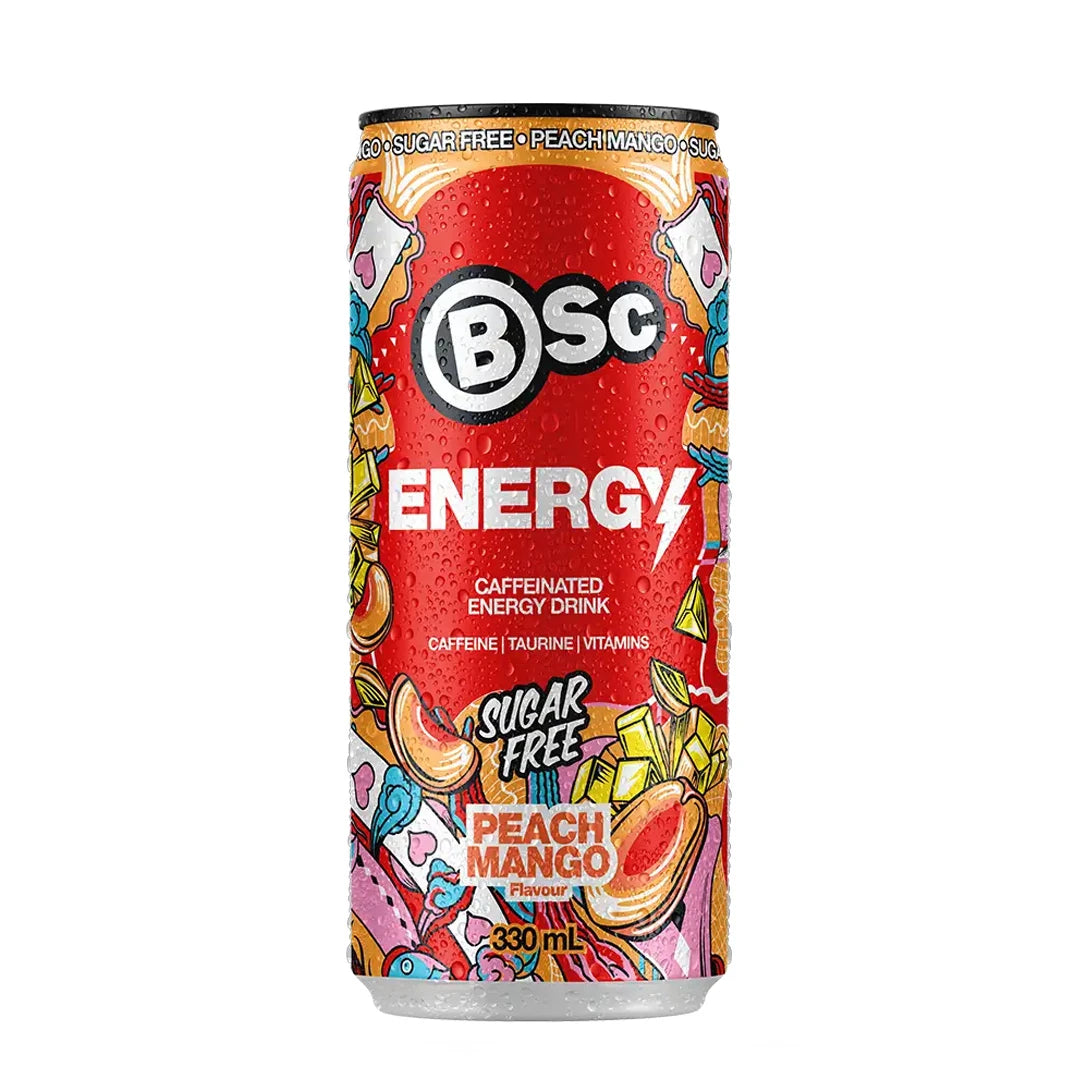 BSc Energy Drink 330 ml i en röd burk med färgglada illustrationer för smaken Peach Mango., bild 2 av 2