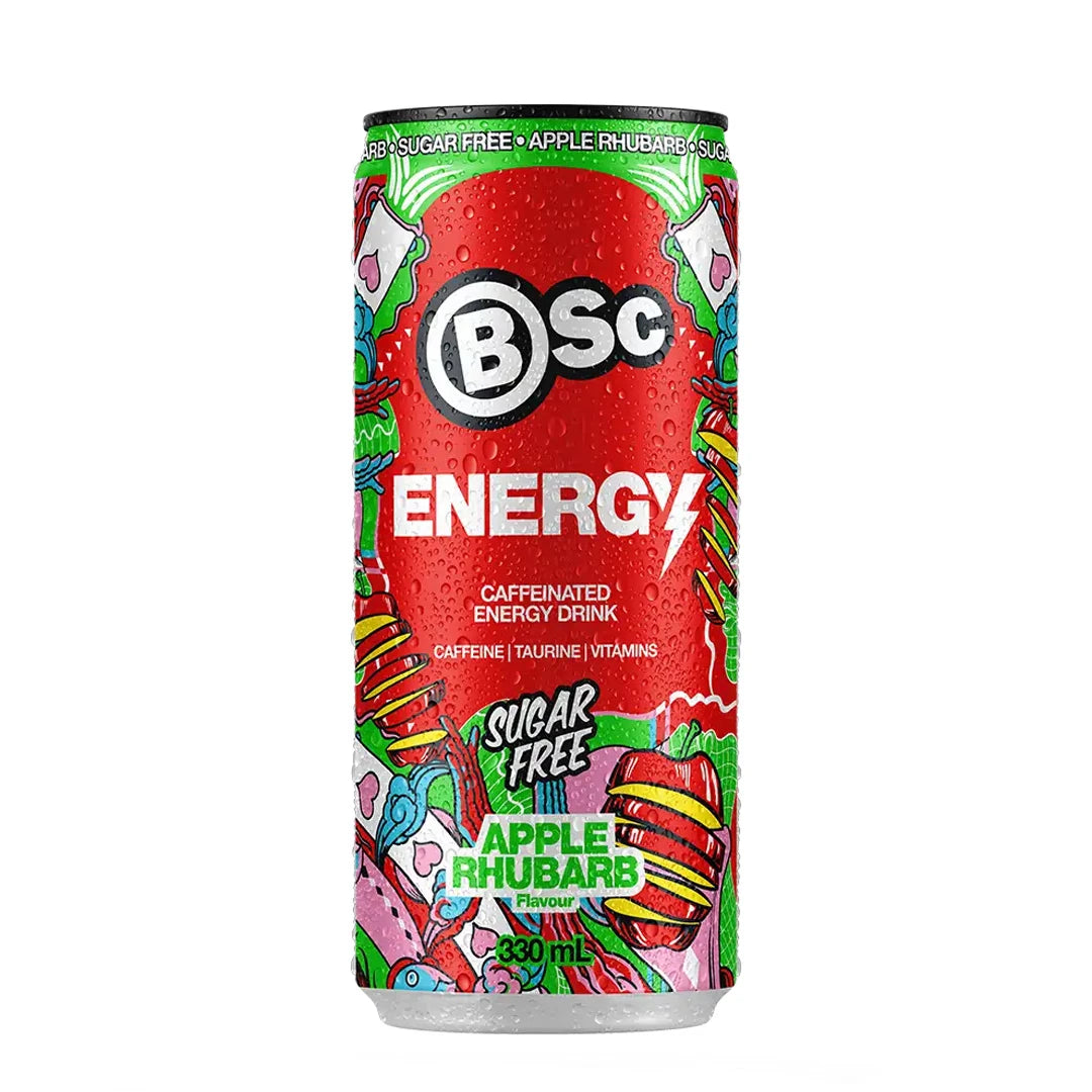 BSc Energy Drink 330 ml sockerfri energidryck i en röd burk med färgglada detaljer och smaken Apple Rhubarb.