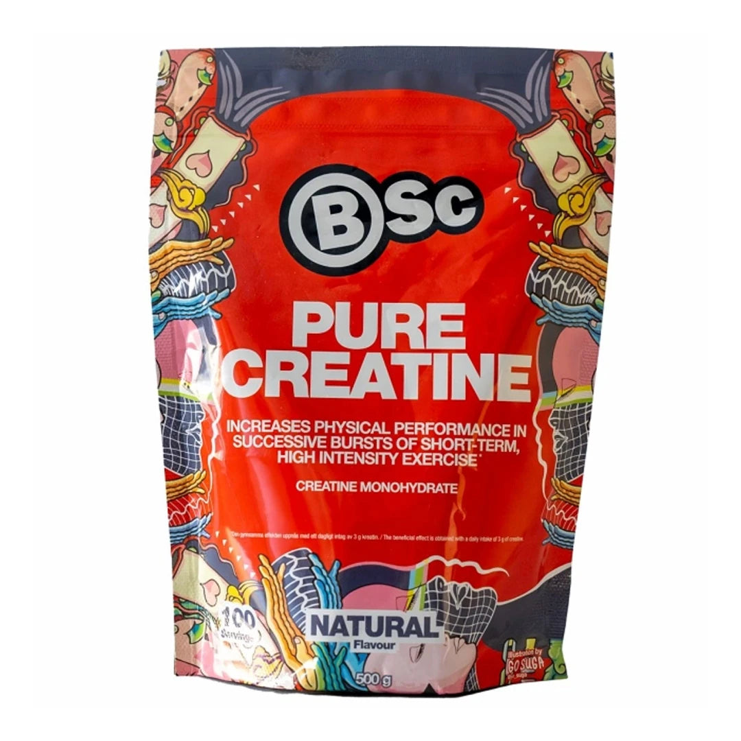 BSc Pure Creatine Kreatin 500 g i pulverform, förpackad i en röd påse med färgglada illustrationer och naturell smak.