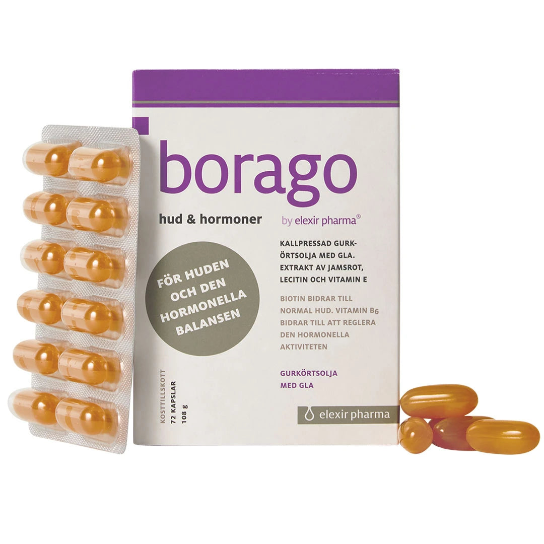 Elexir Pharma Borago 72 caps i en vit ask med lila text, bredvid en blisterkarta och lösa orangea kapslar.