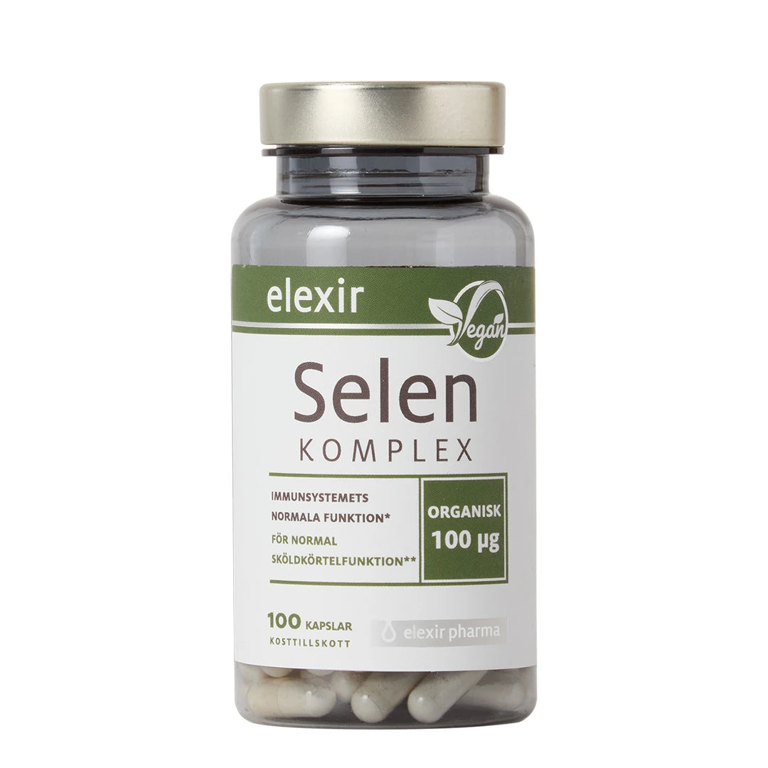 Elexir Pharma Selen Komplex 100 caps i en genomskinlig plastburk med silverlock och grönvit etikett.