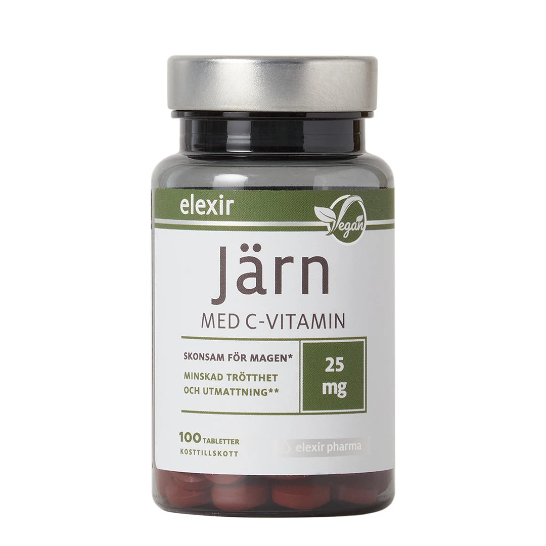 Elexir Pharma Järn med C-vitamin 100 tabs kosttillskott i en mörk plastburk med vit etikett, gröna detaljer och silverfärgat lock.