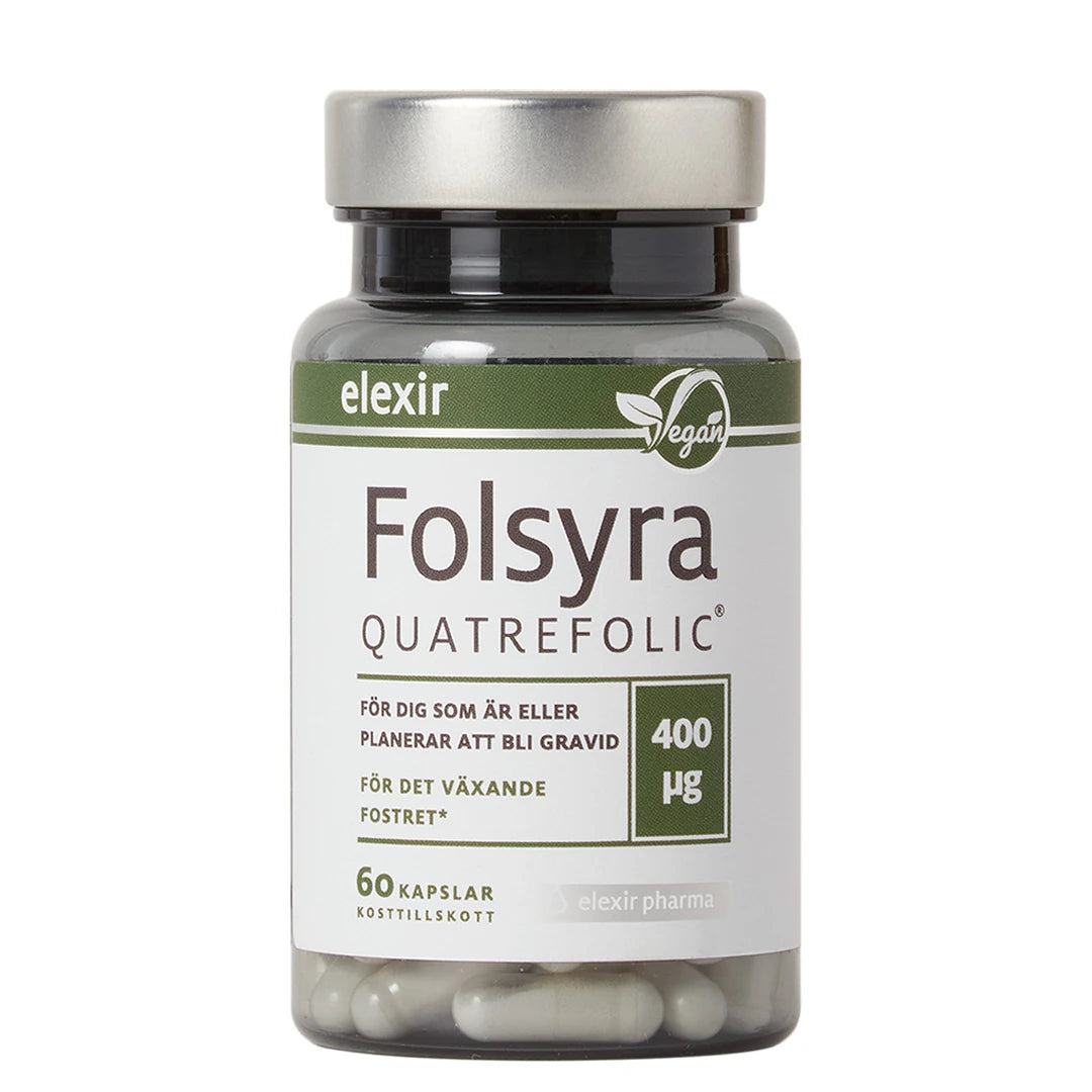 Elexir Pharma Folsyra 60 caps förpackad i en mörk plastburk med silverfärgat lock, vit etikett och gröna detaljer.