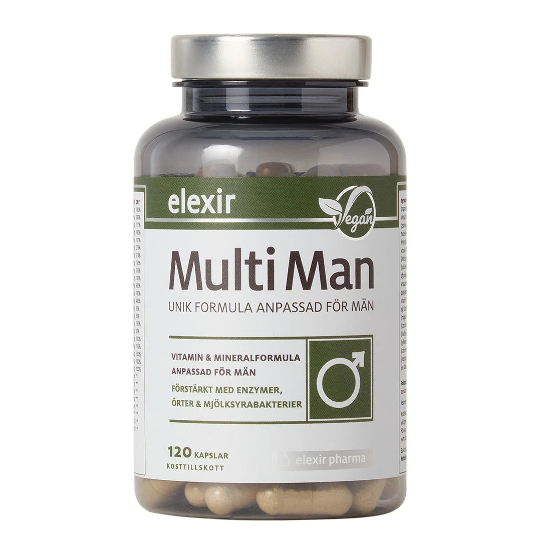 Elexir Pharma Multi Man 120 caps multivitamin i en mörk, transparent burk med silverlock.