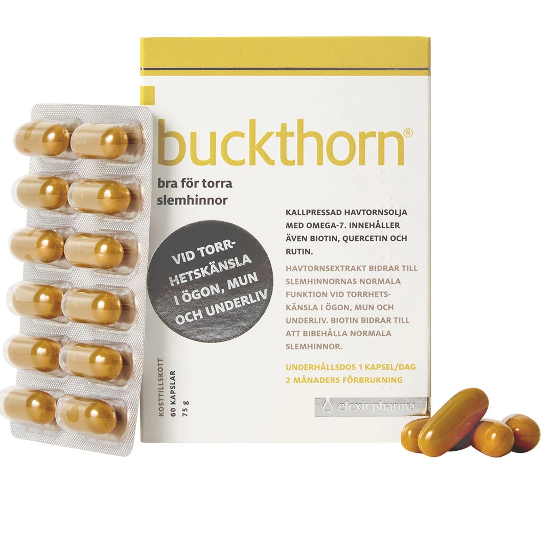 Elexir Pharma Buckthorn 60 caps, en vit ask med guldiga detaljer bredvid en blisterkarta med gyllene kapslar.