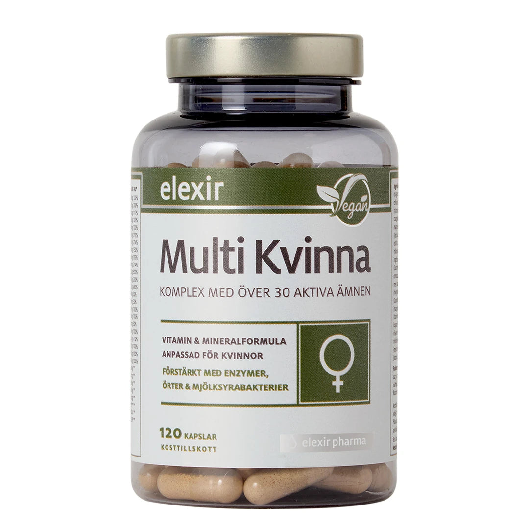 Elexir Pharma Multi Kvinna 120 caps i en transparent burk med metallock och vit etikett med gröna detaljer.