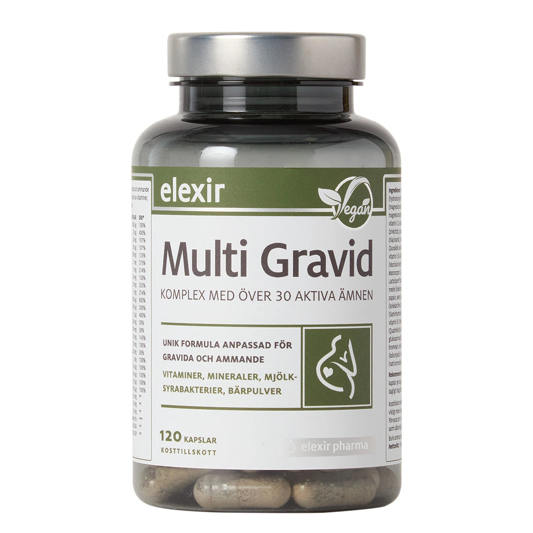 Elexir Pharma Multi Gravid 120 caps multivitamin i en mörk transparent burk med silverlock och grönvit etikett.