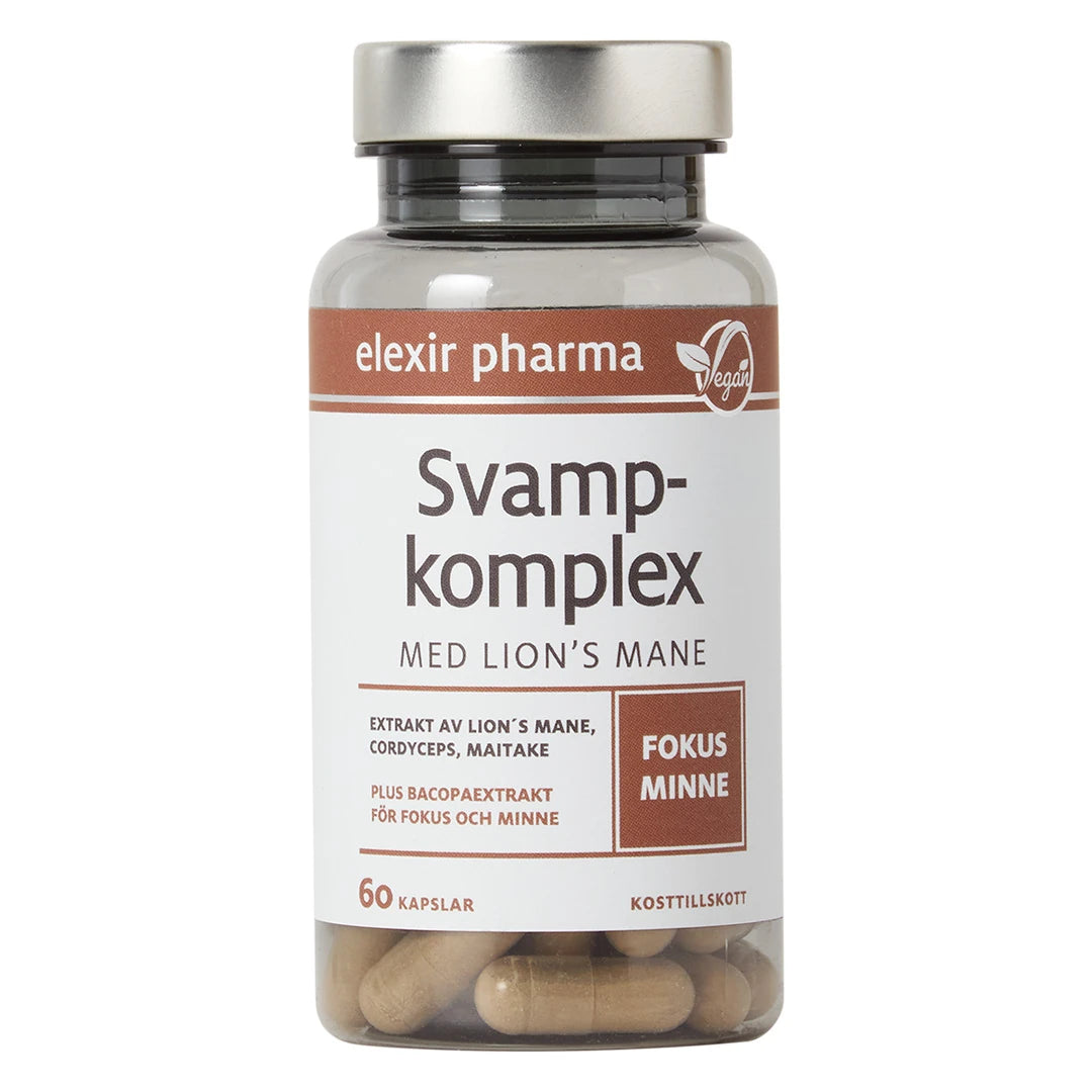 Elexir Pharma Svampkomplex med Lions mane 60 caps i en transparent burk med vit etikett och silverlock.
