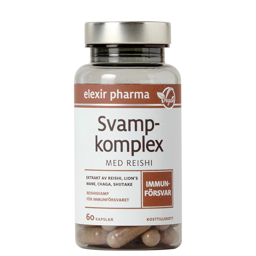 Elexir Pharma Svampkomplex med Reishi 60 caps i en genomskinlig burk med vit etikett och silverfärgat lock.