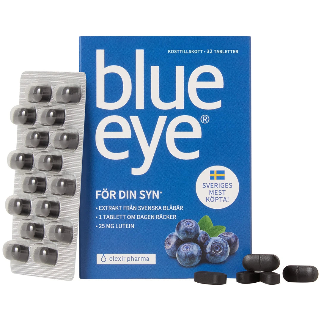 Elexir Pharma Blue Eye 32 tabs, ett kosttillskott i blå ask med mörka tabletter och blisterkarta för ögonhälsa.