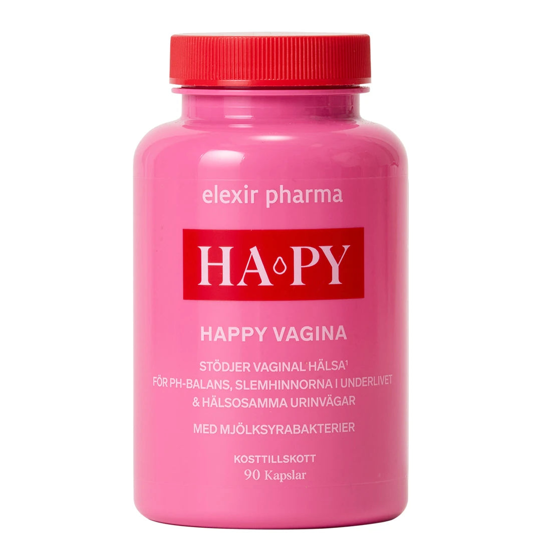 Elexir Pharma HA-PY 90 caps, kosttillskott för vaginal hälsa i en rosa burk med rött lock.