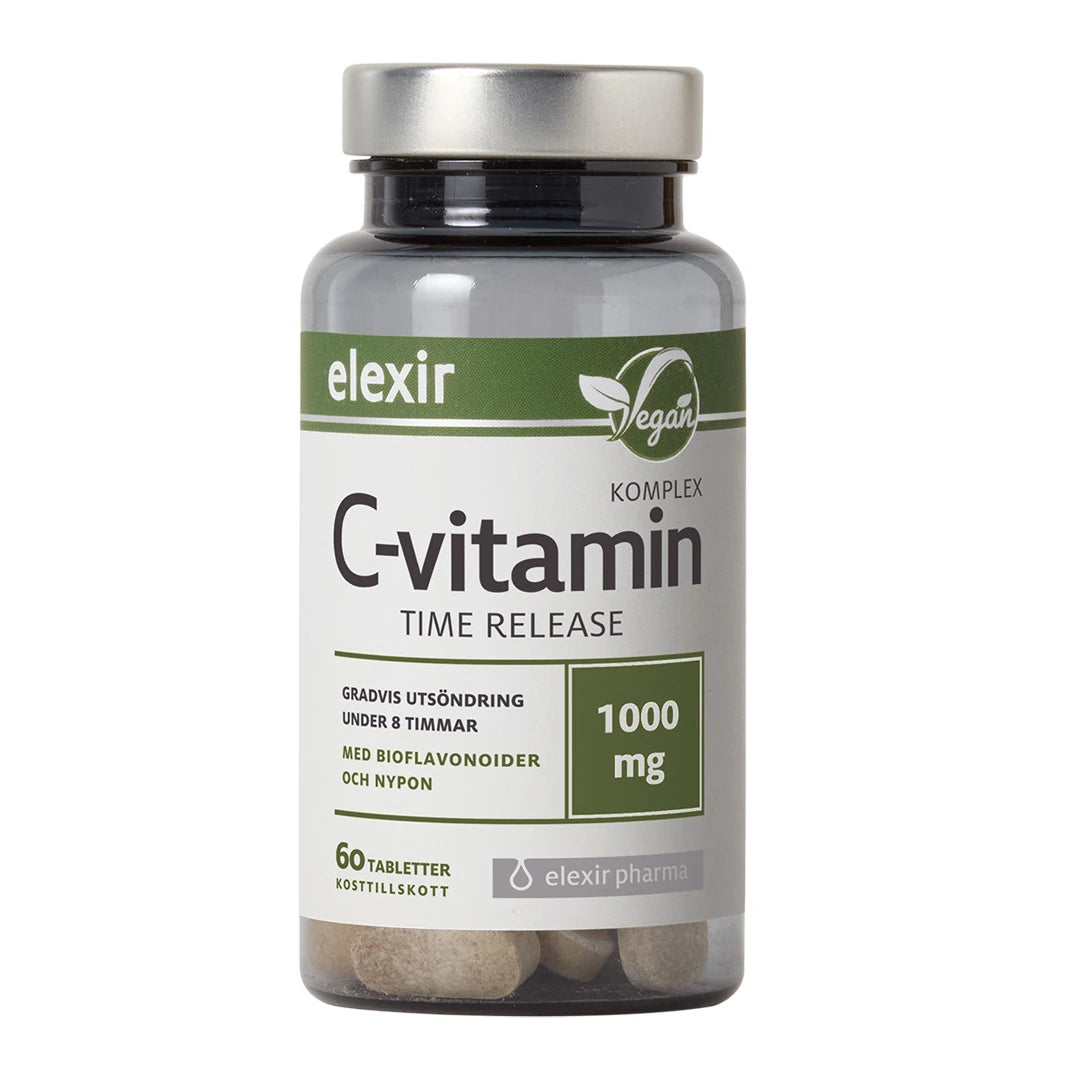 Elexir Pharma C-Vitamin Komplex Time Release 60 tabs i en transparent burk med vit etikett och silverlock.