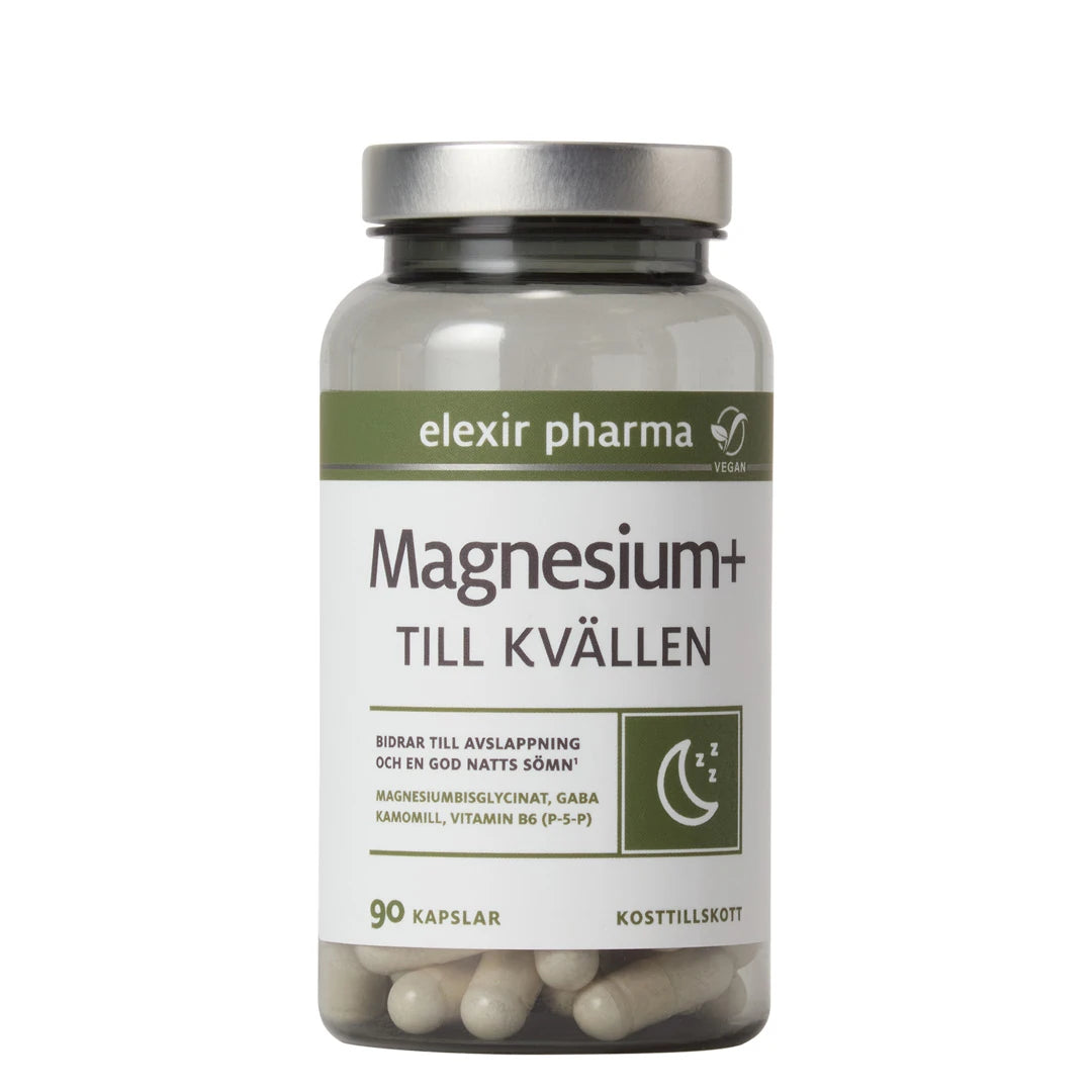 Elexir Pharma Magnesium+ Till kvällen 90 caps i en genomskinlig burk med grön och vit etikett samt silverlock.