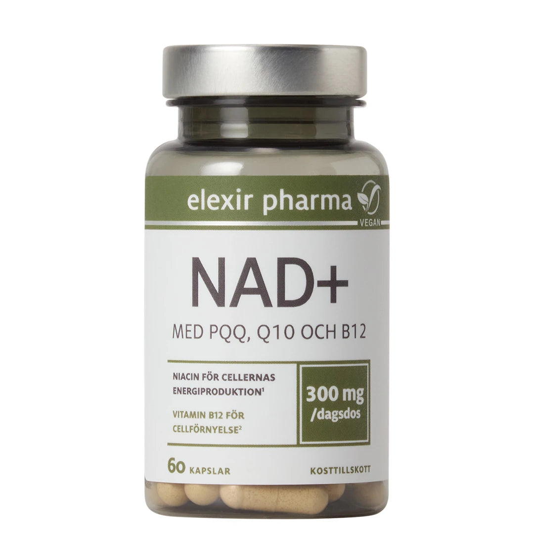 Elexir Pharma NAD+ 60 caps i en transparent burk med silverlock, vit etikett och gröna detaljer.