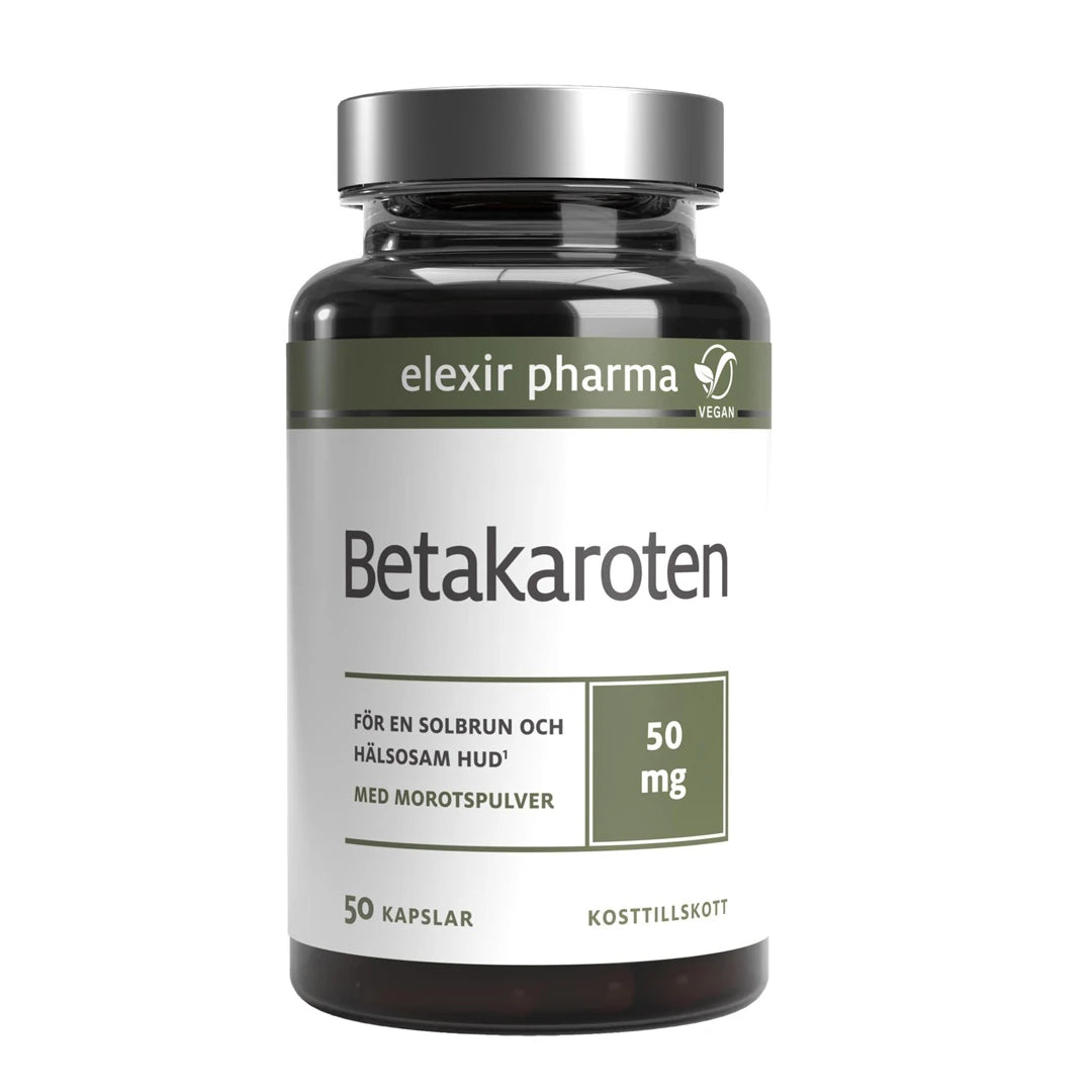 Elexir Pharma Betakaroten 50 mg 50 caps kosttillskott i en mörk burk med silvrigt lock och vit etikett med gröna detaljer.