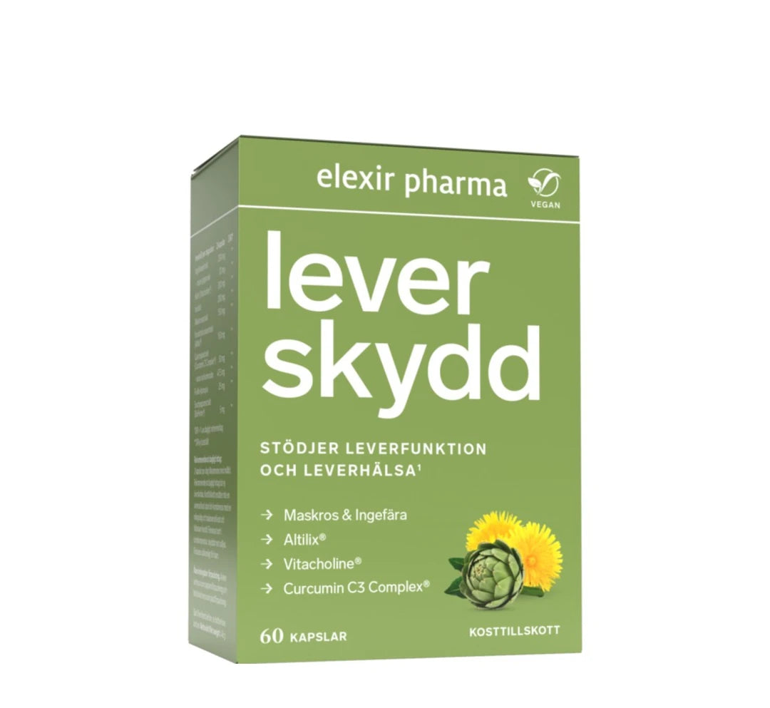 Elexir Pharma Leverskydd 60 caps i en grön ask för hälsokost med växtmotiv av maskros och kronärtskocka.