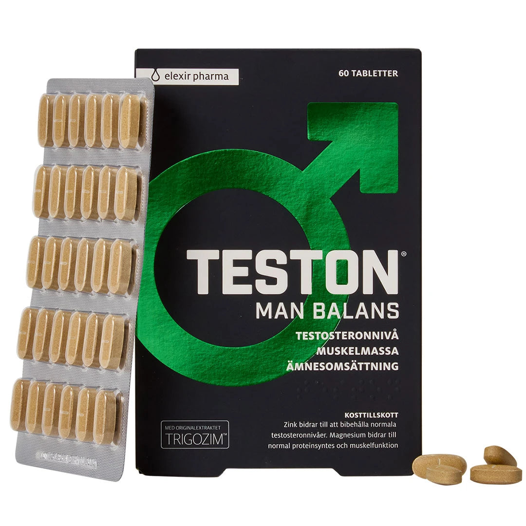 Elexir Pharma Teston Man Balans 60 tabs i en svart ask med gröna detaljer, visad tillsammans med en blisterkarta med beigea tabletter.