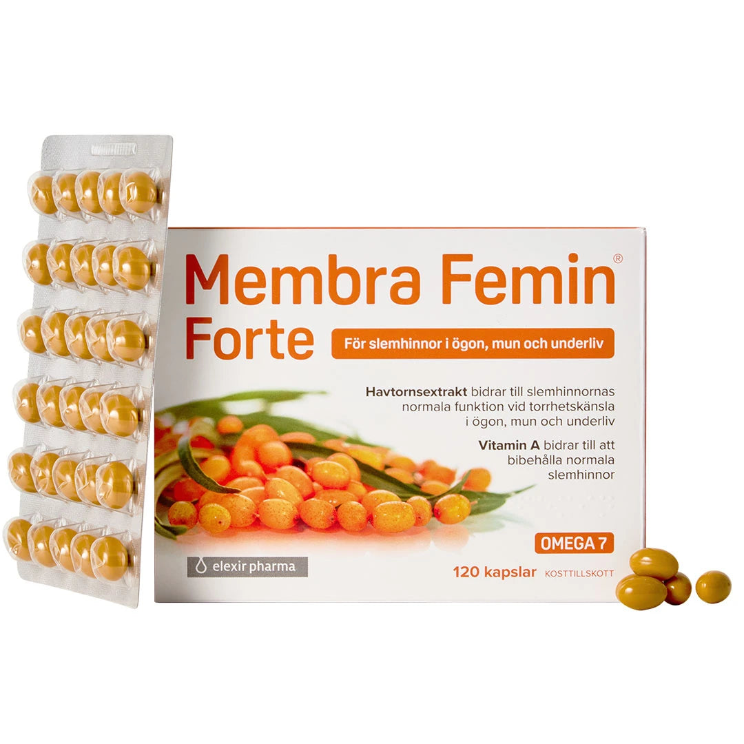 Elexir Pharma Membra Femin Forte 120 caps kosttillskott för slemhinnor i en vit ask med orange detaljer och blisterkartor.