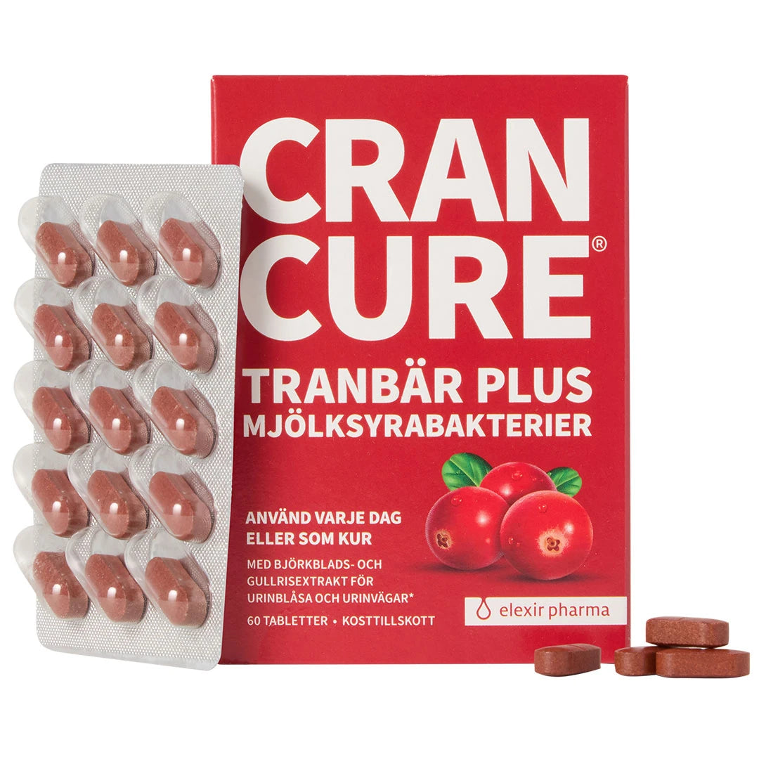 Elexir Pharma Cran Cure 60 tabs, kosttillskott för urinvägarna i en röd ask tillsammans med en blisterkarta med bruna tabletter.