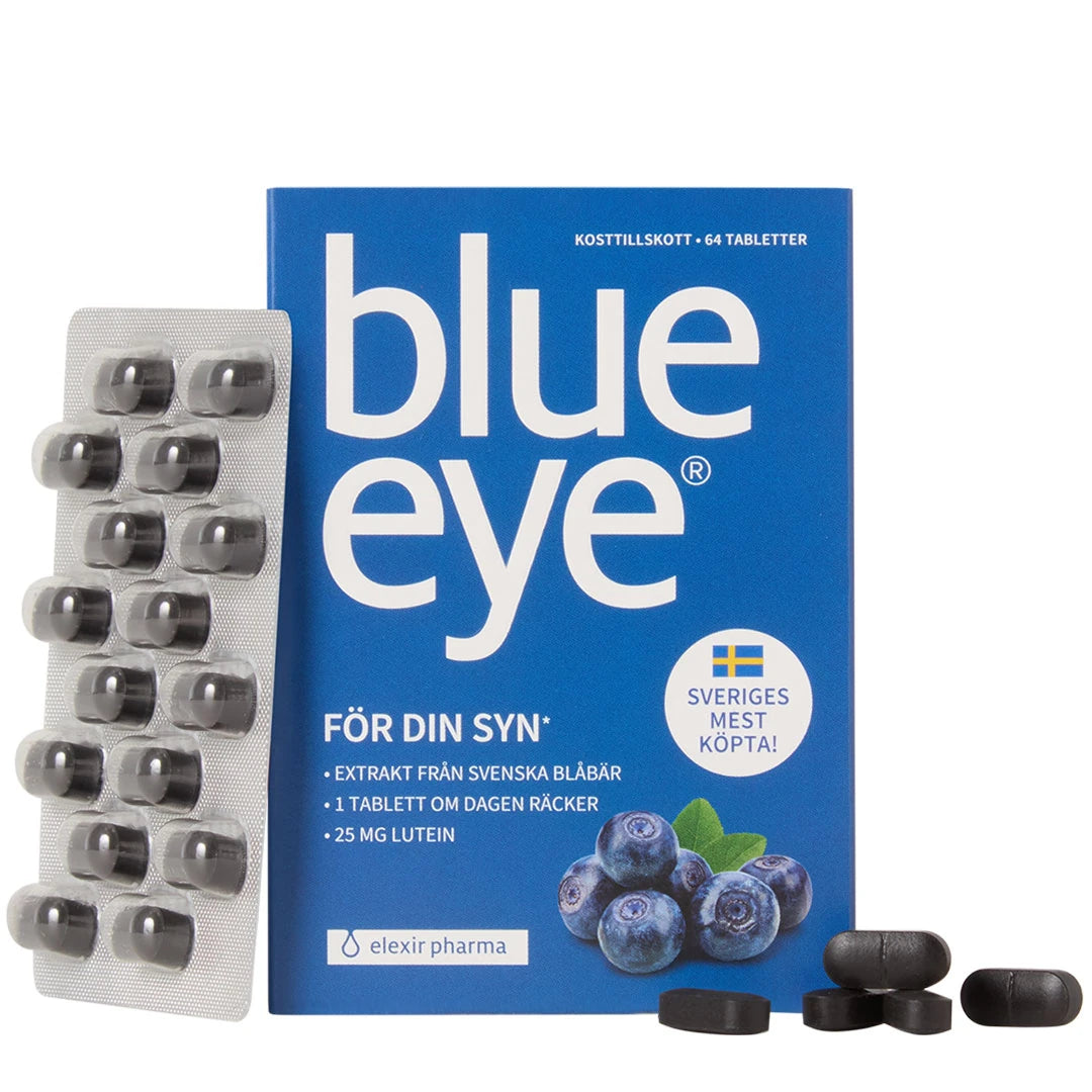 Elexir Pharma Blue Eye 64 tabs, kosttillskott i en blå ask bredvid en blisterkarta med mörka tabletter och blåbär.