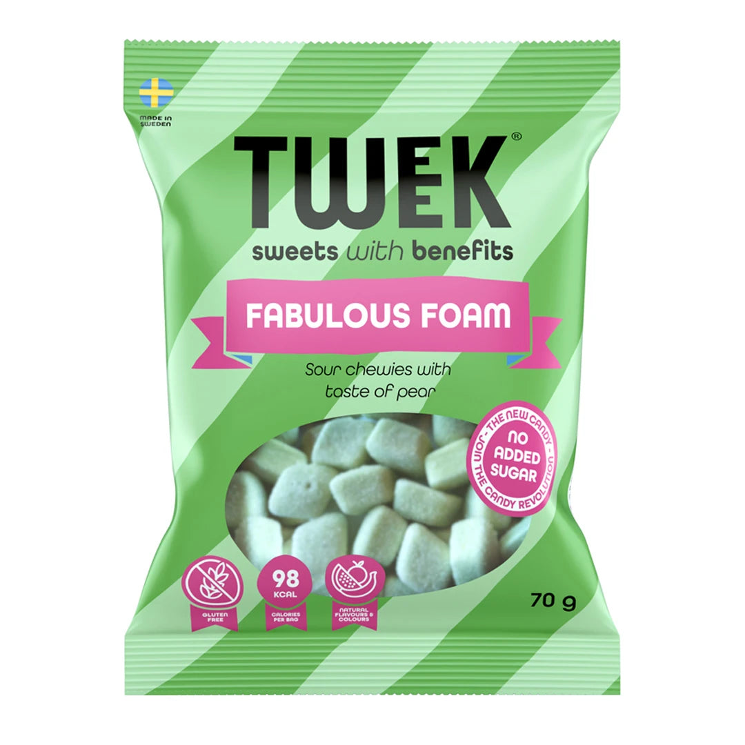 Tweek Sweets 70 g skumgodis i en grönrandig påse med rosa text för smaken Fabulous Foam.