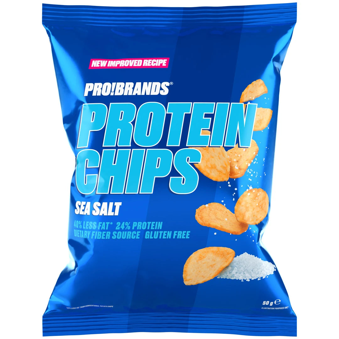 Pro Brands Protein Chips 50 g, proteinberikade chips i en blå påse med smaken Sea Salt.