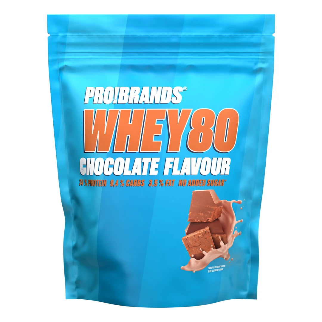 Pro Brands Whey Powder 500 g proteinpulver i en ljusblå påse med orange text för smaken Chocolate.